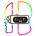 An outline of a head with the stripes of the Super Smash Bros logo, colored to look like a Smash Ball. A head icon of R.O.B. edited to have a :3 (colon three/cat face) mouth is placed over it.